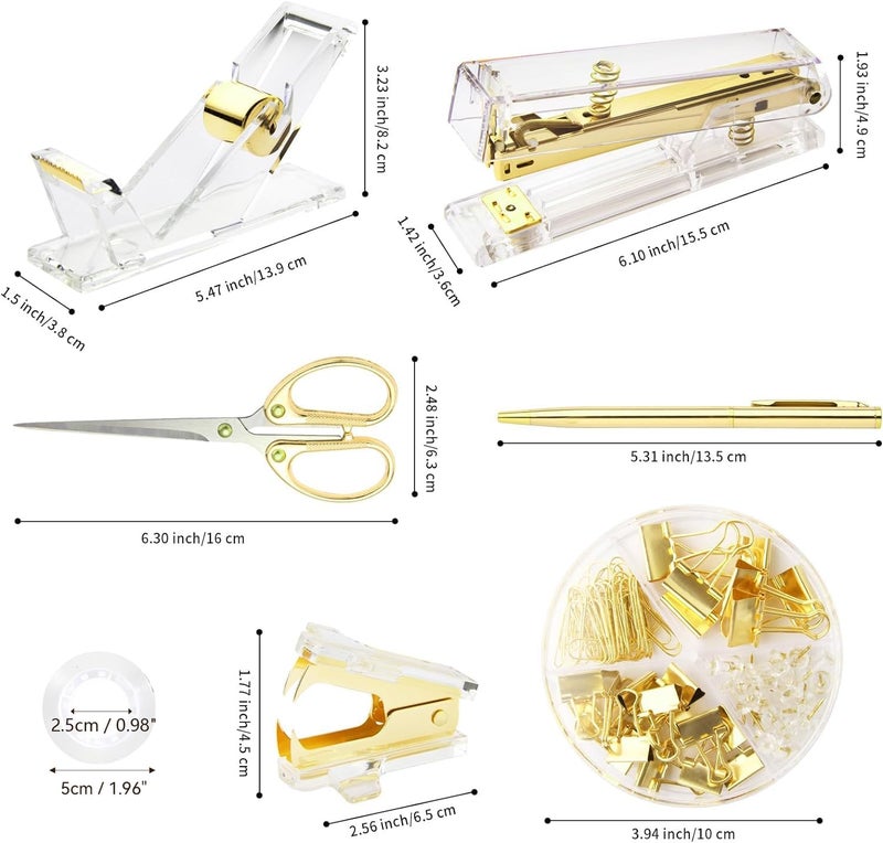 yuun Gold Desk Accessories, Office Supplies Set with Acrylic Stapler, Tape Dispenser, Staple Remover, Pen Holder, Scissor, Binder Paper Clips, 1 Ballpoint Pen, 1 Clear Tape and 1000pcs Staples - Image 2